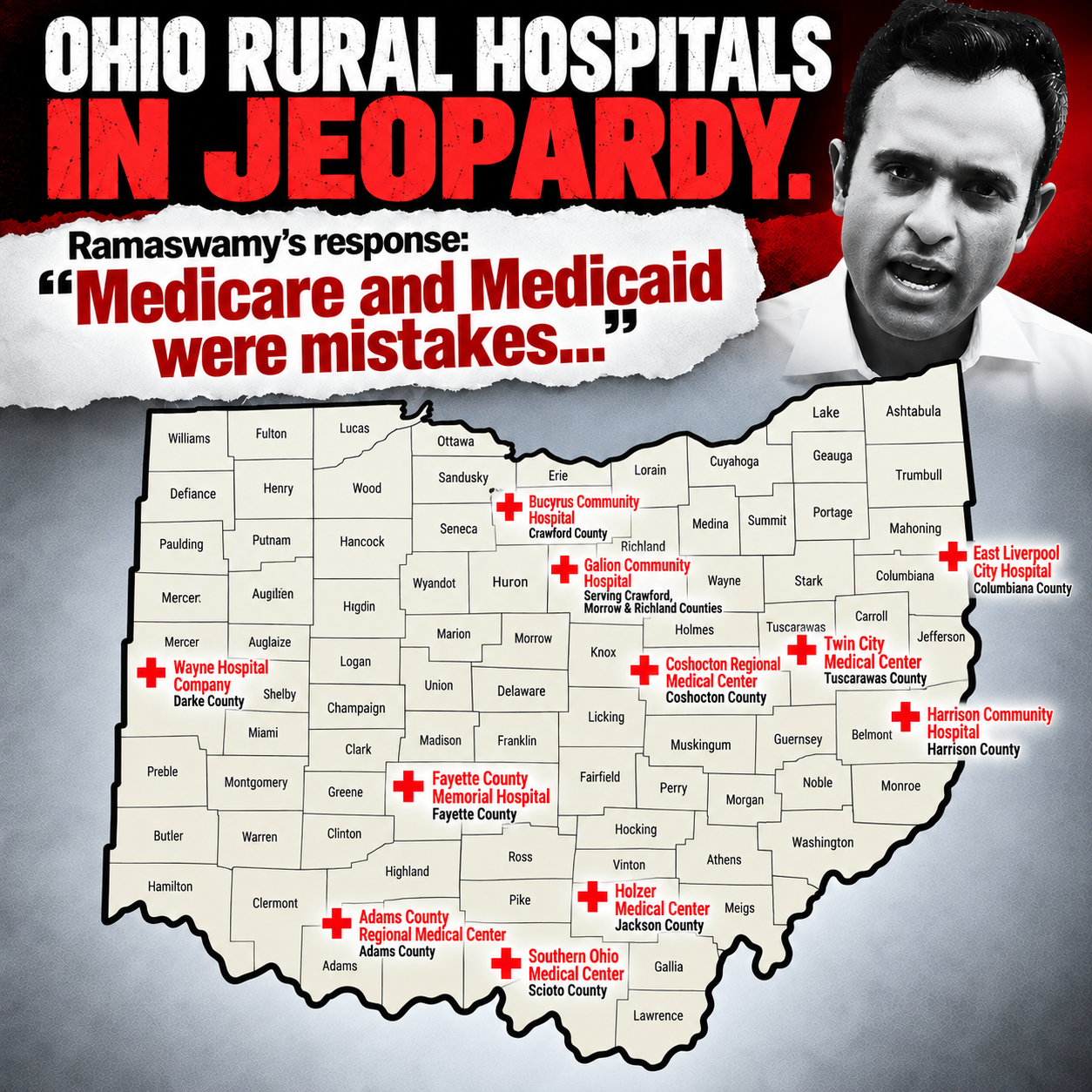 Map of Ohio showing eleven rural hospitals at risk, marked with red crosses in their counties, with the headline Ohio Rural Hospitals in Jeopardy and Ramaswamy's statement that Medicare and Medicaid were mistakes.